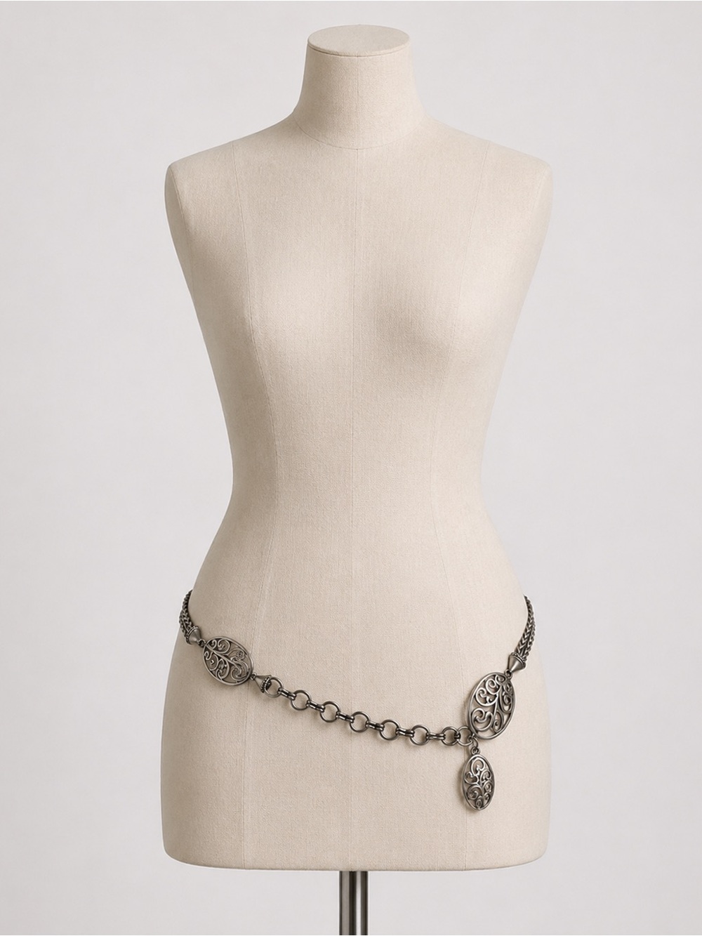 Chico’s Silver Tone Metal Filigree Chain Belt Adjustable Boho Western Waist Belt